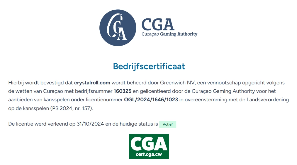 Actief bedrijfscertificaat van Crystalroll.com van de Curaçao Gaming Authority met licentienummer OGL/2024/1646/1023